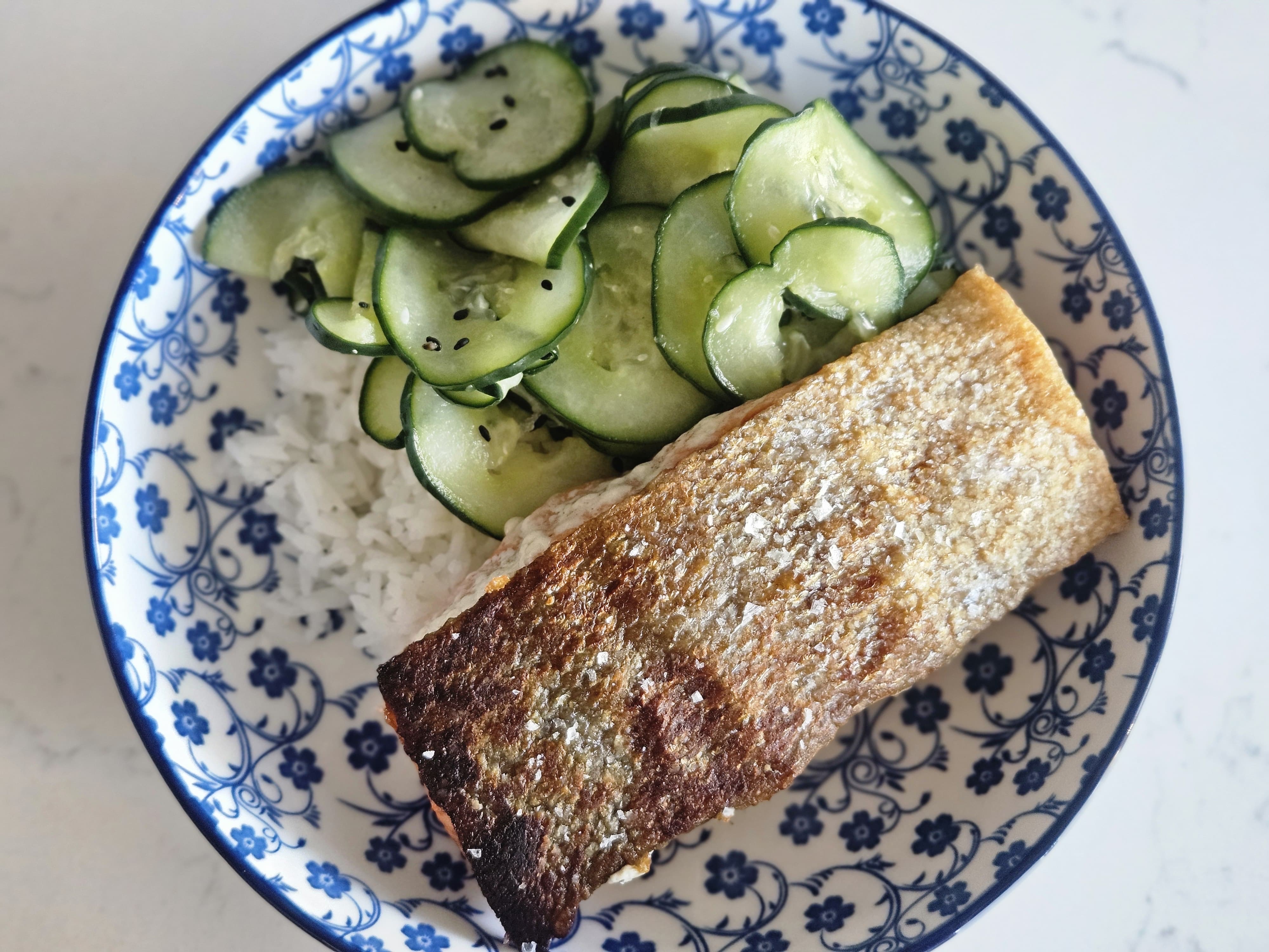 Crispy-Skin Salmon with Jasmine Rice & Quick Pickled Cucumber Salad